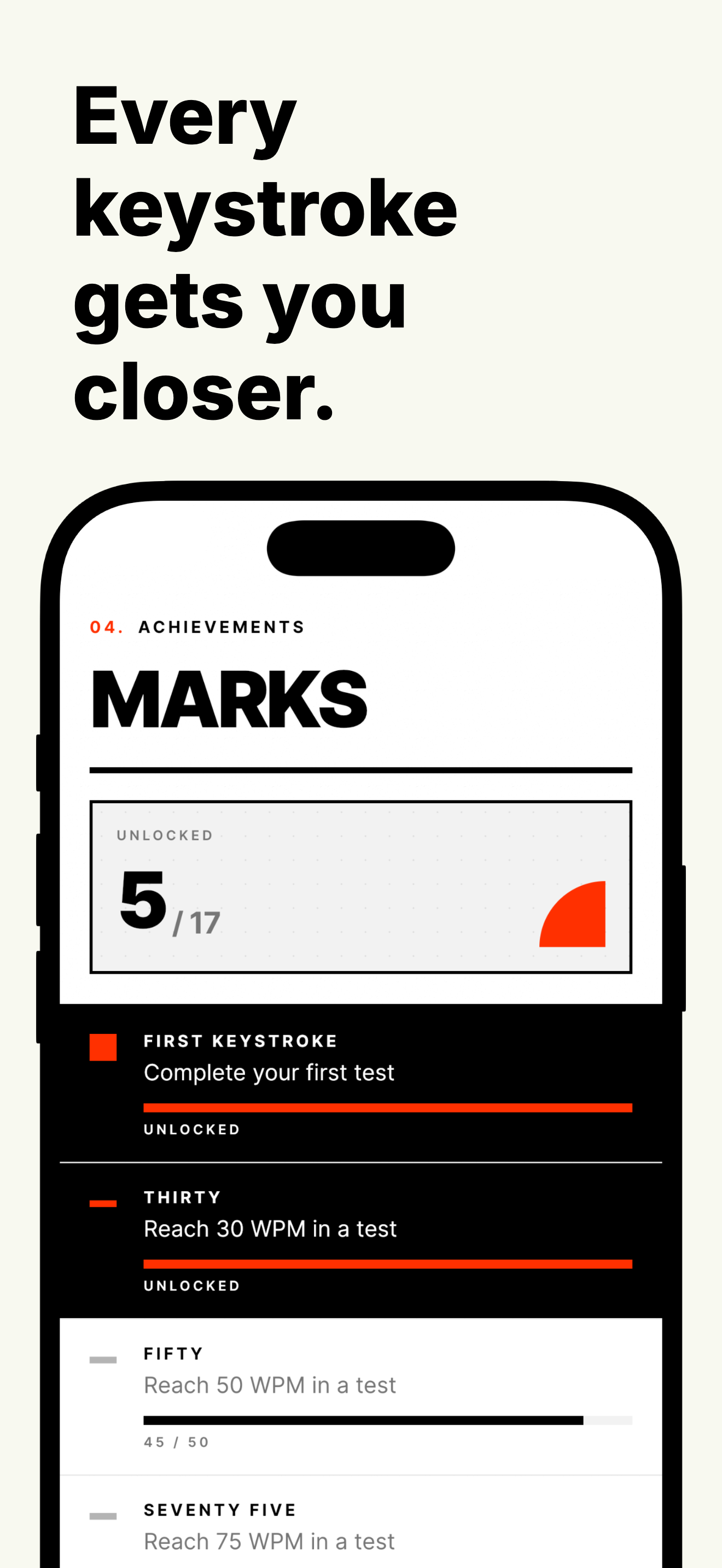 Type achievements screen showing 5 of 17 unlocked, including First Keystroke and Thirty.