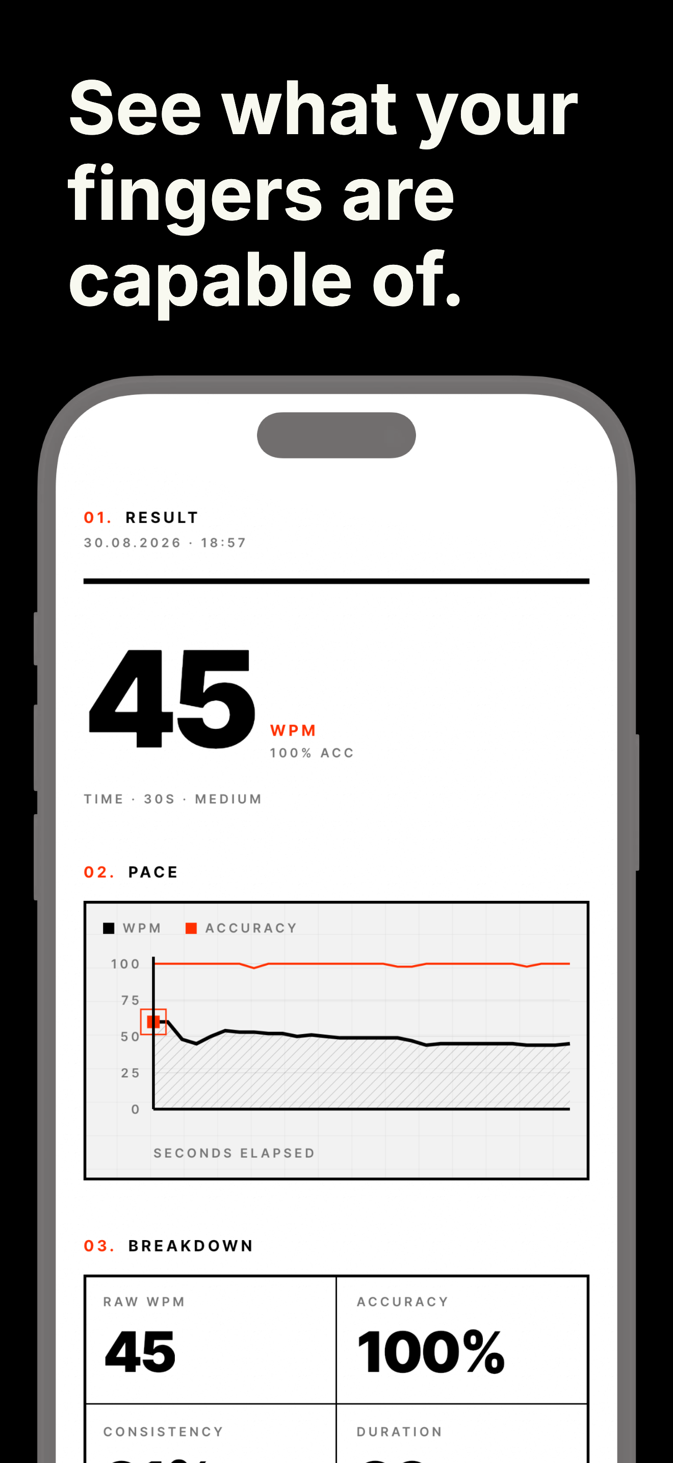 Type results screen showing 45 WPM, 100% accuracy, and a WPM-over-time graph.